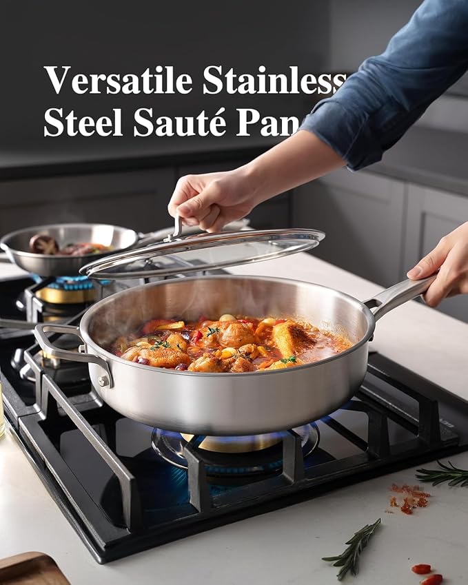 VocVoi Saute Pan,7 Quart Saute pan,Stainless Steel Cookware,skillet,12.5 inch Stainless Steel Saute Pans with Lid,Dishwasher and Oven Safe, Works on All Cooktops