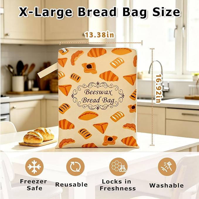 2 Pack Reusable Cotton Sourdough Beeswax Bread Bags with Wide Zipper, Brown | XL(13.3x16.9in) Portable Bread Storage with Handle, Washable, Keep Fresh, Fit Homemade Sourdough Bread, Ideal for Gift-Giving