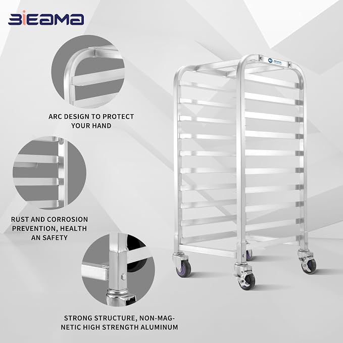 BIEAMA 10-Tier Sheet Pan Rack, NSF Aluminum Bun Pan Rack | Bakery speed Rack for Home Commercial Kitchen Bakery Cooling, 4 Wheels