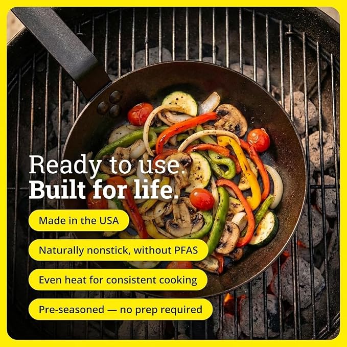 Lodge Seasoned Carbon Steel Skillet - Lightweight High Heat Frying Pan with Long Handle - Quick Temperature Response - Ideal for Searing & Sautéing - 8 Inches
