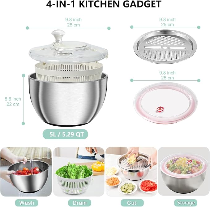 Large Salad Spinner with Storage Lid，5.29QT Stainless Steel Spin Dry Salad Greens Fruit Washing Bowl with Strainer Vegetable Cleaner washer Lettuce Spinner with slicer and julienne cutter