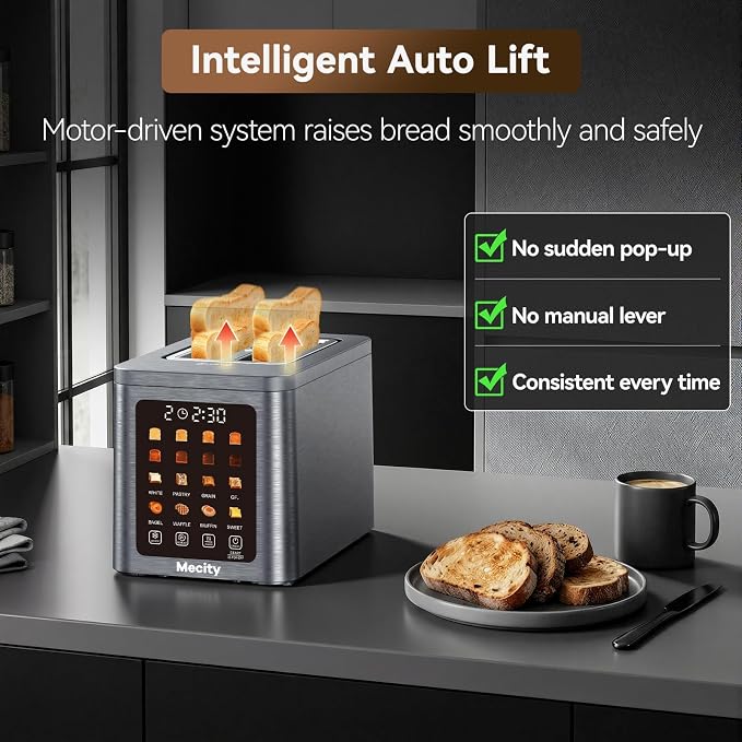 Mecity 2 Slice Smart Touchscreen Toaster, Stainless Steel Wide Slot Toasters with Auto Lift & 30-Minute Warm, Memory Function, Defrost & Auto Shutoff, Digital Electric Bread Toaster for Bagels