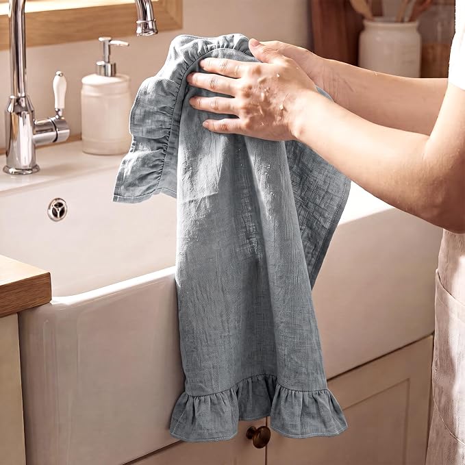 HunnmingRe Dusty Blue Kitchen Towels Set of 2, 100% Cotton Retro Ruffled Dish Towels 18"x28" Absorbent Tea Cloths for Farmhouse Charm, Drying Dishes, Entertaining Guests