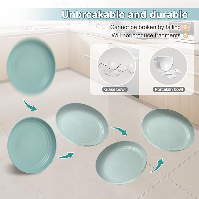 HEYCOME 12 Pcs Unbreakable Deep Dessert Plates Set, 8 inch Reusable Plastic Wheat Straw Plates, Microwave and Dishwasher Safe Plate for Kitchen, Lightweight Plate for Dessert, BPA Free, 6 Colors