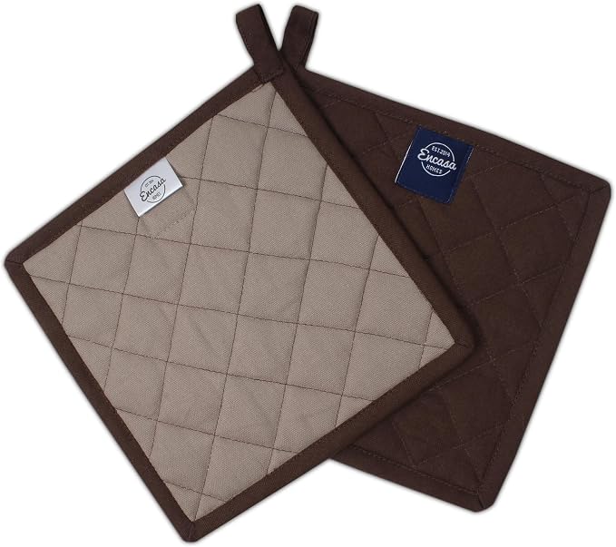 Encasa XO Pot Holders, Quilted Kitchen Hot Pads 8"x8" | Dark Taupe & Beige, 100% Cotton | Heat Resistant | Hanging Loop | Multipurpose Trivets | Machine Washable | Set of 2
