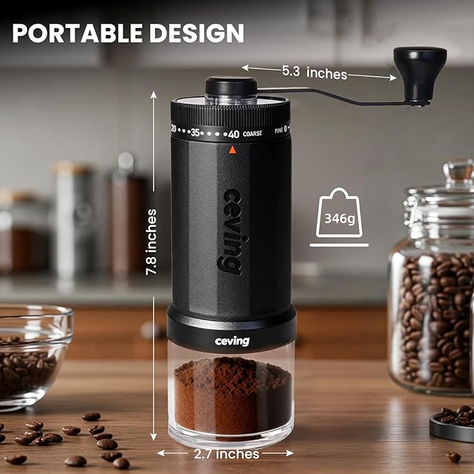 CEVING World's First 60g Large Capacity Manual Coffee Grinder, Black | 40 External Settings, Portable Hand Coffee Bean Mill with Ceramic Conical Burr for Travel, Camping, Drip, Pour Over & Gift
