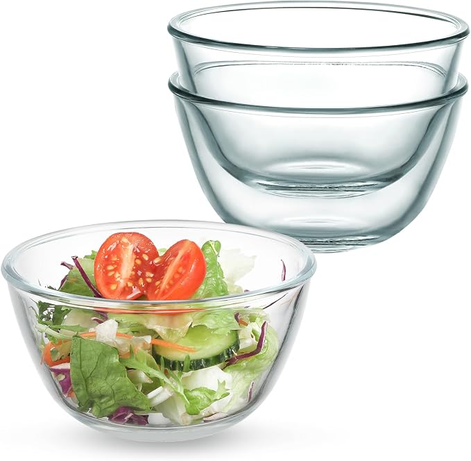 WHJY 3-Pack 5-Inch Glass Cereal Bowls, Clear Glass Serving Bowls for Salad, Pasta, Soup, Cereal - 16 oz Capacity, Modern Style