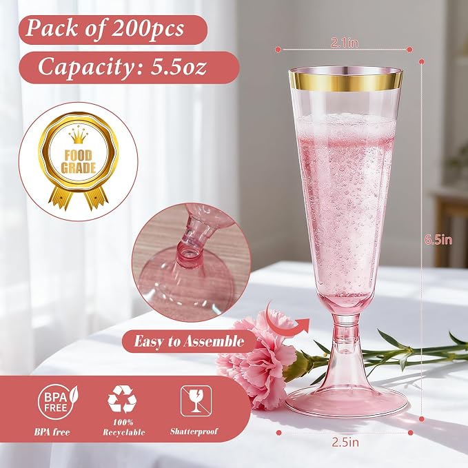 100 Pack Pink Plastic Champagne Flutes with Gold Rim, 5.5 Oz Clear Disposable Plastic Champagne Glasses, Wine Glasses Cups for Wedding Celebration Birthday Party Wine Tasting New Years Eve Supplies