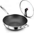 12.6 Inch Stainless Steel Honeycomb Wok Pan with Standing Glass Lid, Flat Bottom Stir Fry Pan for Induction, Gas & Electric Stoves, Physical Stick-Resistant Surface, Dishwasher Safe