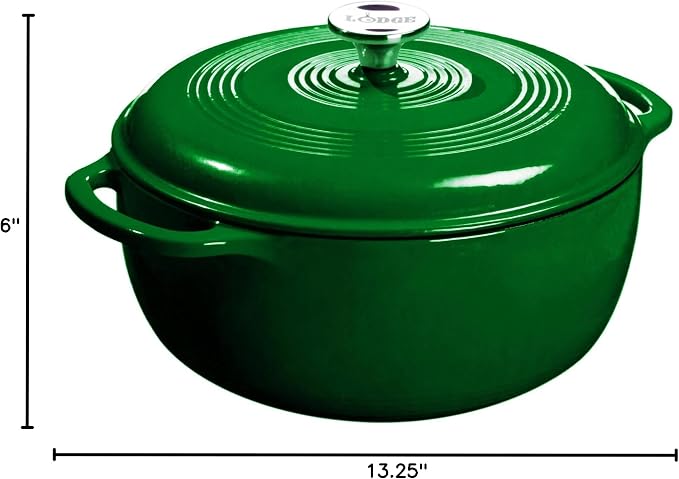 Lodge Essential Enamel Cast Iron Dutch Oven 6 Quarts - Perfect for Bread Baking, Braising, Marinating & Slow Cooking, Features Moisture-Sealing Lid & Dual Handles, Kitchen Essentials, Evergreen