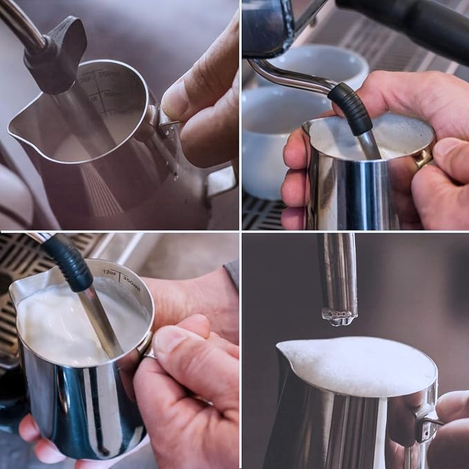 12oz Milk Frothing Pitcher, Stainless Steel Espresso Latte Cup Steaming Pitcher Creamer Cups, Milk Frother Cup Espresso Machine Accessories Barista Tools Jug for Coffee Cappuccino with Latte Art Pen
