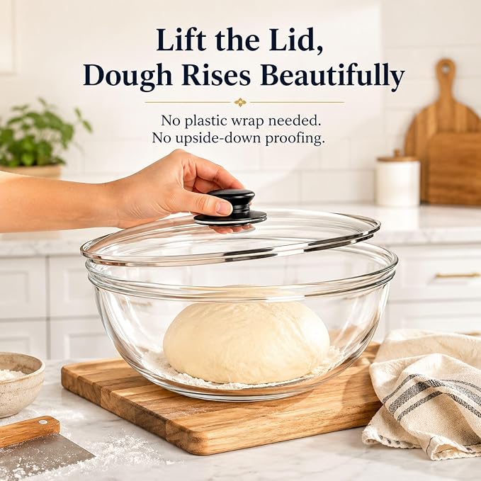 Large 6 QT Glass Mixing Bowl with Lid | Sourdough Bread Proofing, Bread Making