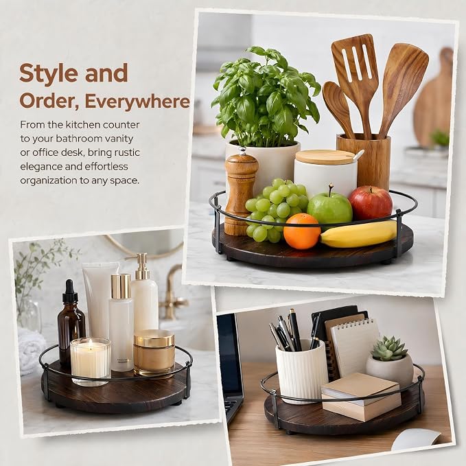 Lazy Susan Turntable Organizer for Table Top 10" （Black） | Round Wooden Lazy Susan for Cabinet, Farmhouse Decorative Tray for Coffee Table, Kitchen Organizer, Center Piece Decor, Ru