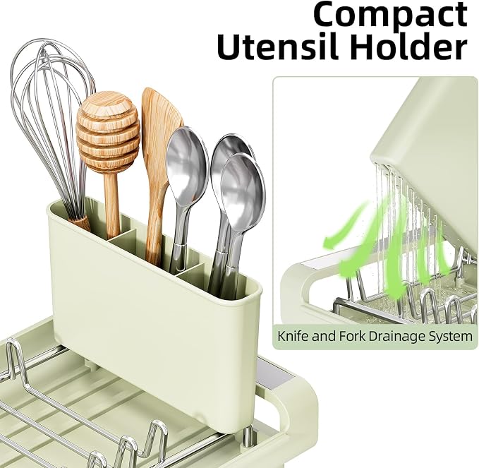 TOOLF Small Dish Drying Rack, Expandable and Space-Saving, Grayish Green | Mini Dish racks for kitchen counter, Compact Design Fits Sink or Counter, Stainless Steel Plate Rack, 11"-19.3"L×7.7"W×3.54"H