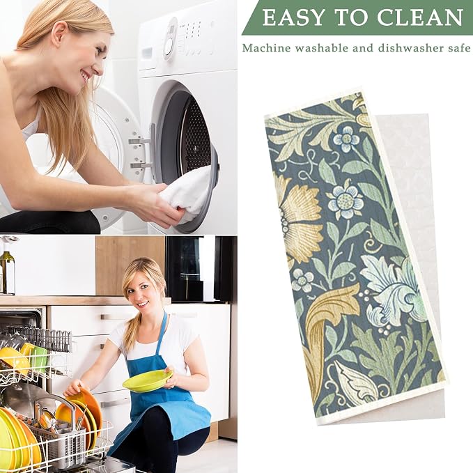 8 Packs Foliage Swedish Dishcloths, Blue Green Floral, 7 x 8 Inch | Vintage Flower, Kitchen Dish Towel, Cotton, Reusable, Washable, for Home Party Cleaning Housewarming