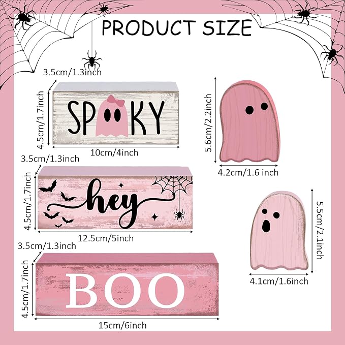 Lineshading 4 Pcs Pink Halloween Tiered Tray Decor, Wooden Ghost Signs | Cute Farmhouse Tabletop Decorations, Rustic Wood Blocks with SPOOKY BOO Text, Pink Aesthetic Centerpiece for Party Display