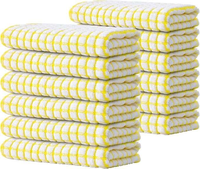 Kitinjoy Cotton 12 Pack Terry Kitchen Towels, Yellow | 16 x 25 Inches Super Soft and Absorbent Dish Towels, Quick Drying hand towels for kitchen Drying