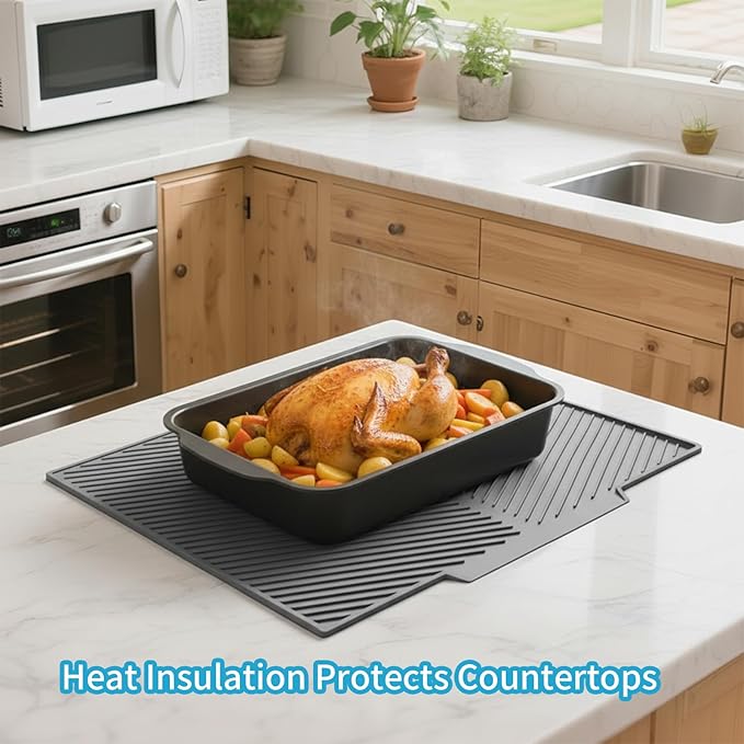 Silicone Dish Drying Mat for Kitchen Counter with 6.5" Built-in Drain Lip & Hanging Hole, Quick-Dry, Heat-Resistant, Non-Slip Stone Drying Mat, Easy to Clean and Drain Board (Grey, 16.9" x 13")