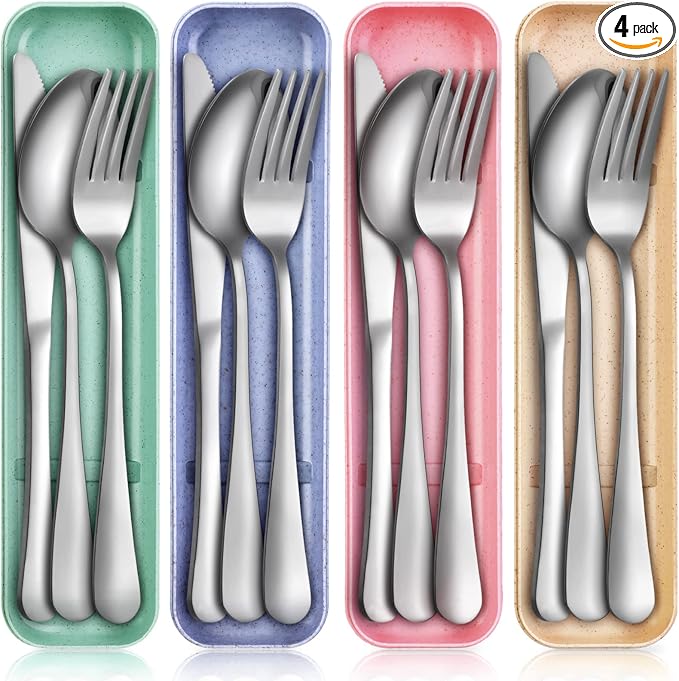4 Pack Travel Silverware Set with Case for Lunch,Beige | Reusable Utensils with Case, Portable Flatware, Camping Cutlery, Fork Spoon Knife, for Work School, Dishwasher Safe