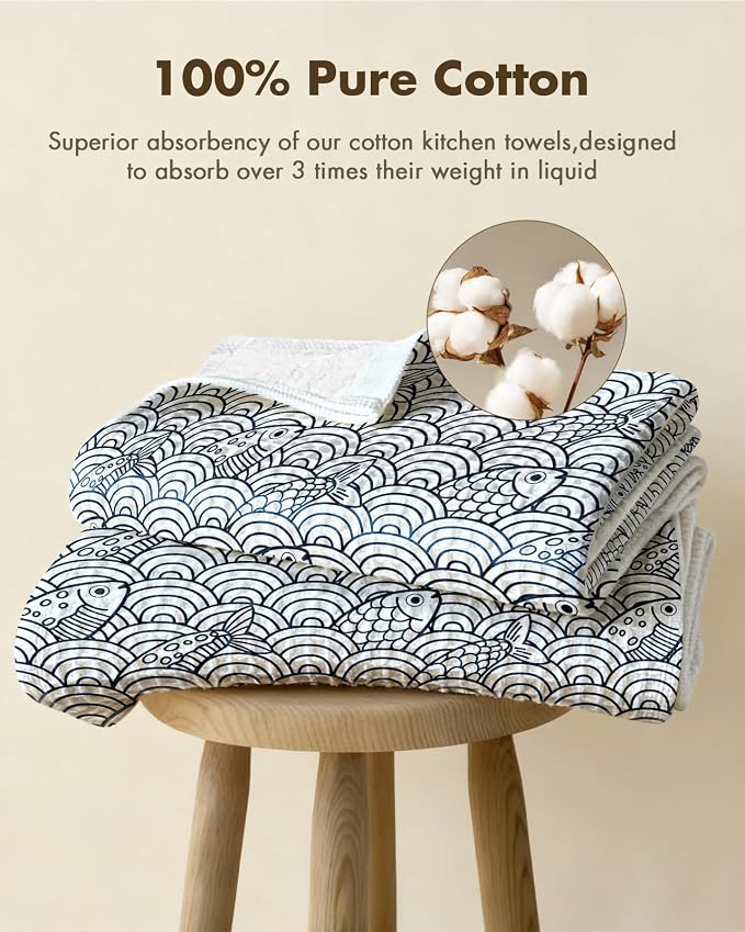 370GSM Cotton Waffle Kitchen Towels, Fish | Pure Cotton, Sustainable, Waffle Weave, Terry Cloth, Highly Absorbent, Decorative, 16"x25", with Hanging Loop