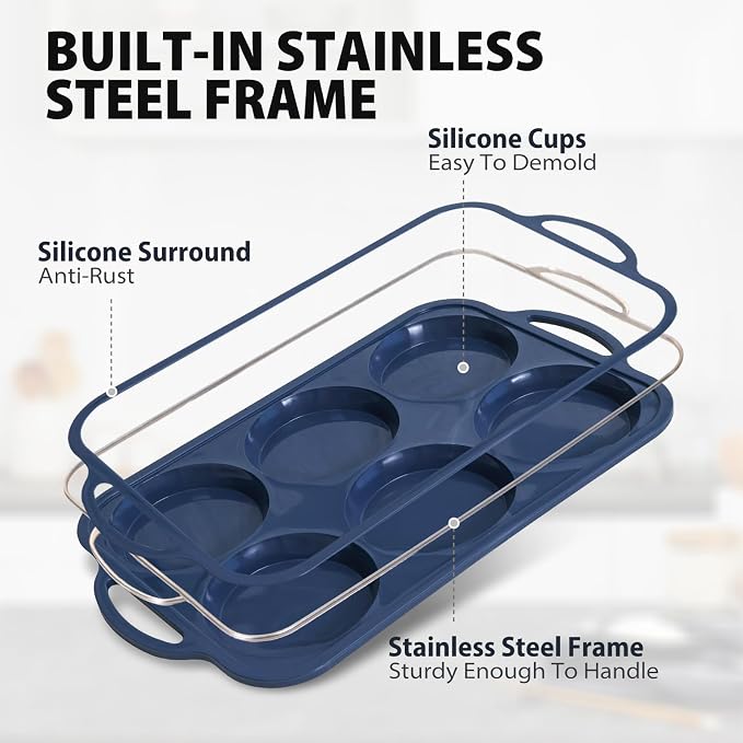 4 Inch Jumbo Silicone Muffin Top Pan with Frame Non Stick Egg Mold Baking | Silicone Egg Mold for Oven, Large Whoopie Pie Baking Pan with Handle for English Breakfast Sandwich Egg Bite Bun Tart Vnray