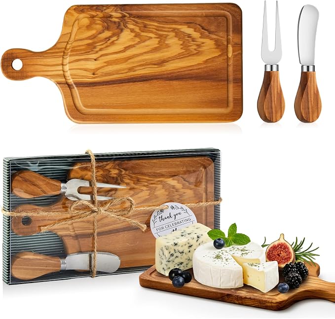 1 Set Bridal Shower Favor Prizes Charcuterie Board,Olive Wood Color | Olive Wood Cheese Board with Knife Fork Thank You Tag, Gift Box for Guests, Valentines Wedding Baby Shower Party Favors