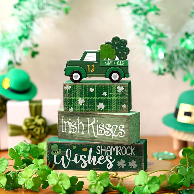 Lineshading 4 Pcs Wooden Shamrock Tiered Tray Decor St Patrick Block Signs | Green Truck Topper with Irish Kisses Blocks, Rustic Farmhouse Tabletop Decorations for Home, Stackable Display