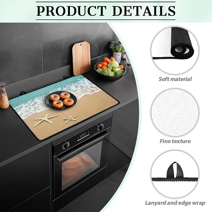Beach Starfish Sea Stove Top Covers for Electric Stove, Coastal Sandy Seaside Glass Stovetop Cover with Lanyard Nautical Ocean Themed Countertop Protector Mat for Kitchen 28 x 20 Inch