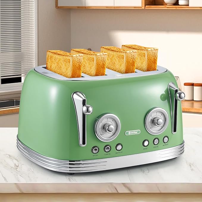 Wiltal 4 Slice Toaster, Retro Green Toaster, Bagel, With Stainless Steel Lid. Reheat, Defrost and Cancel Functions, Countdown Function, 6 Browning Levels, Stainless Steel Material, TR03