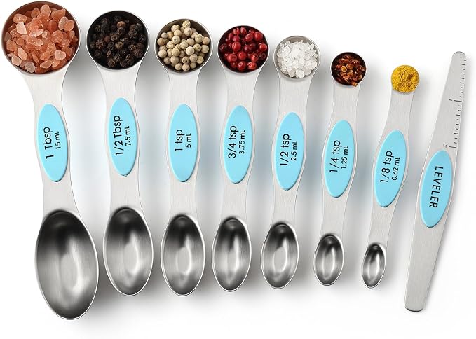 Spring Chef Stainless Steel Magnetic Measuring Spoons Set of 8, Aqua Sky | Nesting Metal Teaspoon & Tablespoon Measuring Spoons with Leveler for Dry & Liquid Ingredients, Dual Sided, Dishwasher Safe
