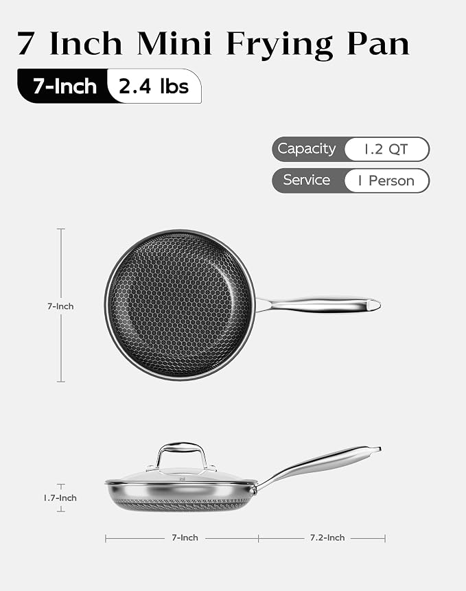 Nonstick Frying Pan with Lid 7-Inch, Durable Stainless Steel Skillet, Induction Cooktop Compatible, PFOA-Free Scratch-Proof, Dishwasher & Oven Safe, Stay-Cool Handle, Silver Kitchen Cookware