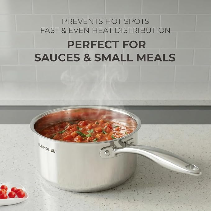 SUNHOUSE 3 QT Sauce Pan with Lid, Full Clad 3-Ply Stainless Steel Saucepan | Small Cooking Pot & Milk Pan - Induction Compatible - PFOA Free, Oven & Dishwasher Safe, Stay-Cool Handle