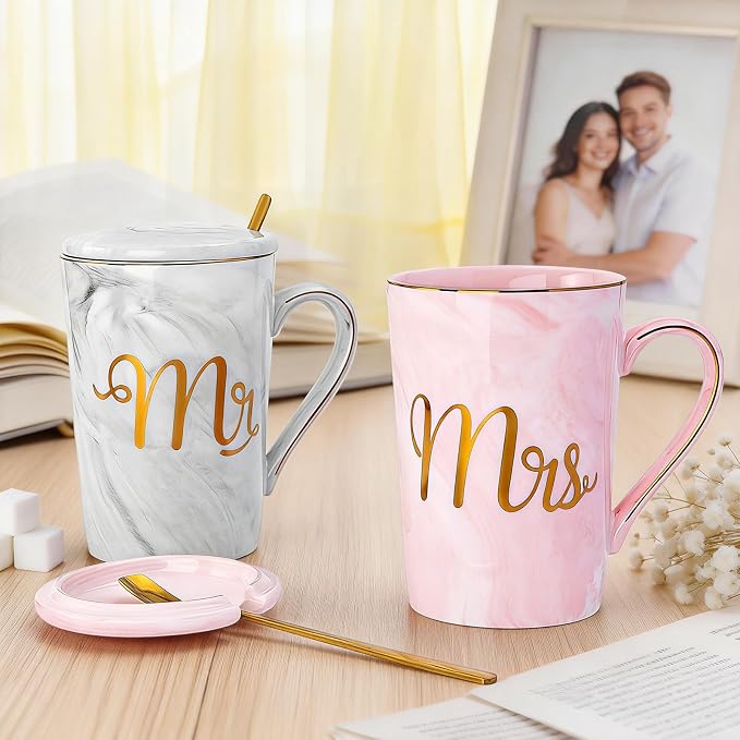 Biching Wedding Gifts for Couples 2026, Bridal Shower Engagement Gift | Gifts for Anniversary Bride and Groom, 14oz Ceramic Mr and Mrs Mug Set with Real Gold Foil, Greeting Card, Gift Box