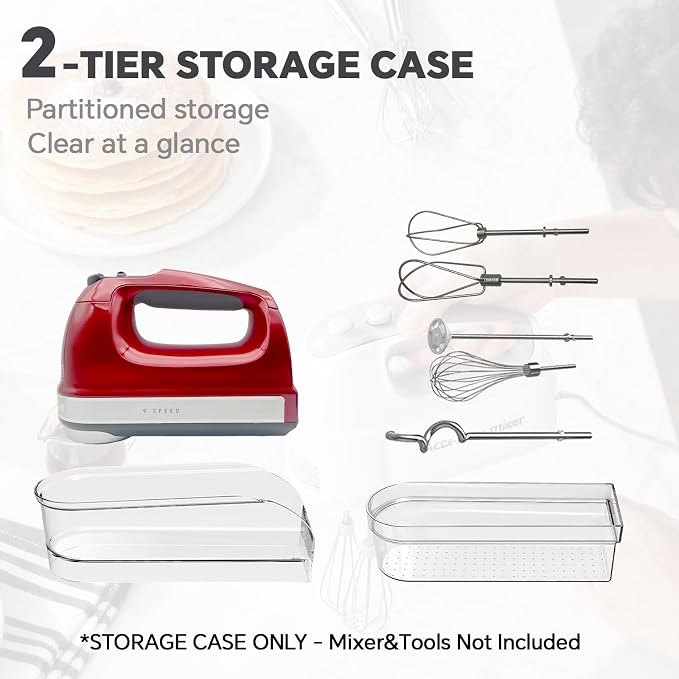 Hand Mixer Storage Case Compatible with KitchenAid KHM5, KHM6, KHM7 and KHM9 Ultra Power Hand Mixers, Double-Layer Clear Polycarbonate Organizer, Case Only