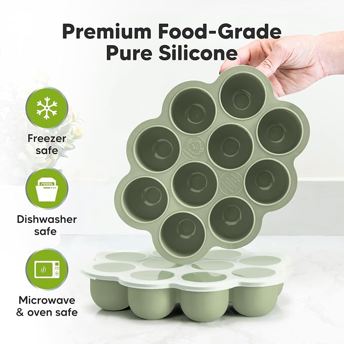 KeaBabies Silicone Food Freezer Trays with Lid, 2oz x 10 Pods (Sage) | Baby Food Storage Containers, Easy Puree Meal Prep, Breast Milk Silicone Freezer Molds, Dishwasher, Microwave Safe, BPA-Free