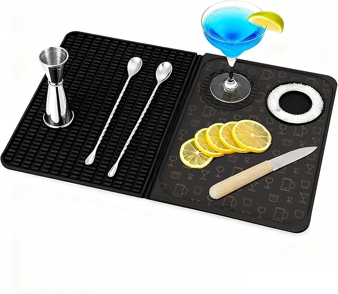 3-in-1 Folding Bar Mat with Cutting Board, 18"x12" Silicone Countertop Bar Mat for Cocktails & Bartending - Quick-Dry Design Doubles as Dish Drying Mat & Meal Prep Station, Non-Slip