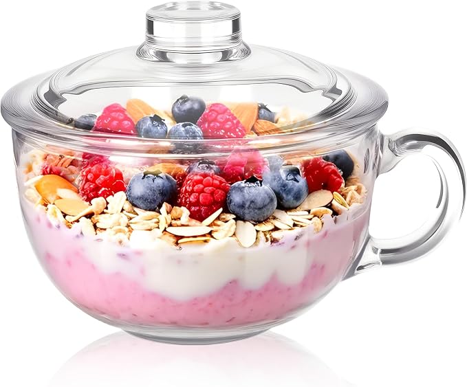 Clear Soup Bowls with Handle and Glass Lid Microwave Round Bowls Glass Cereal Cup Mug Mixing Bowl Insulated Oatmeal Bowl for Breakfast Rice Salad Fruit Yogurt,1 Pack
