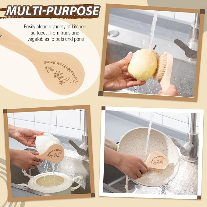 Honeydak 2 Pcs Wooden Potato Scrubber Brush Vegetable Cleaning Scrubber 7.87 Inch Long 3.15 Inch in Diameter with Long Handle for Potato Carrot Cucumber Fruits Dish Brush for Pans Pots