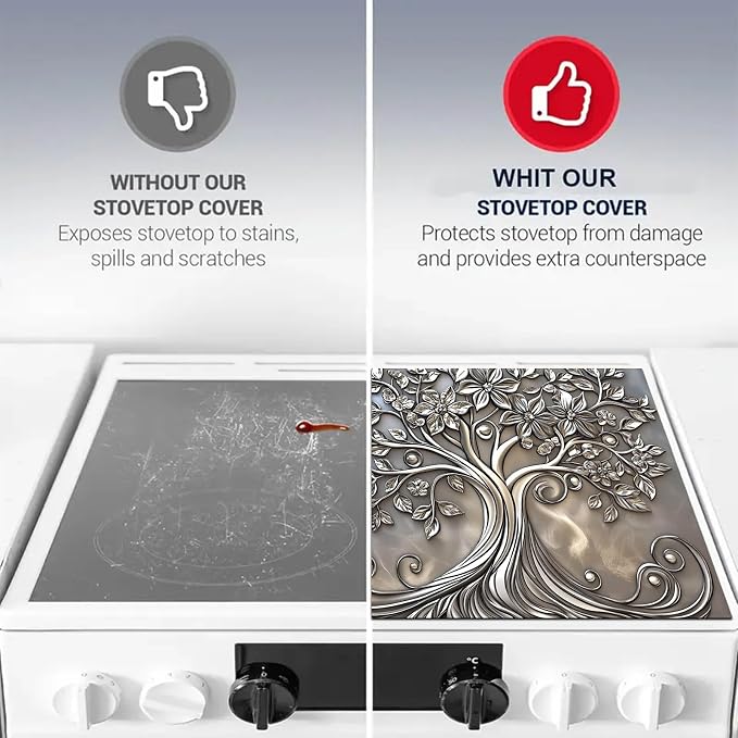 HOMETITUTE Silver Floral Tree Stove Top Cover 28x20 Embossed Diatomite Mat