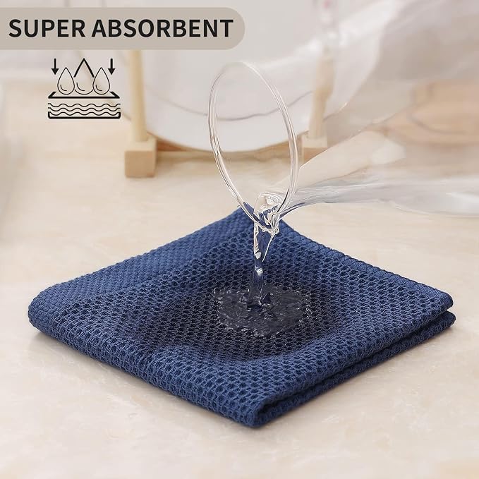 Kitinjoy 100% Cotton Waffle 6-Pack Kitchen Towels, 12" x 12", Navy Blue | Ultra Absorbent, Super Soft, lightweight, Quick Drying Dish Rags for Washing Dishes