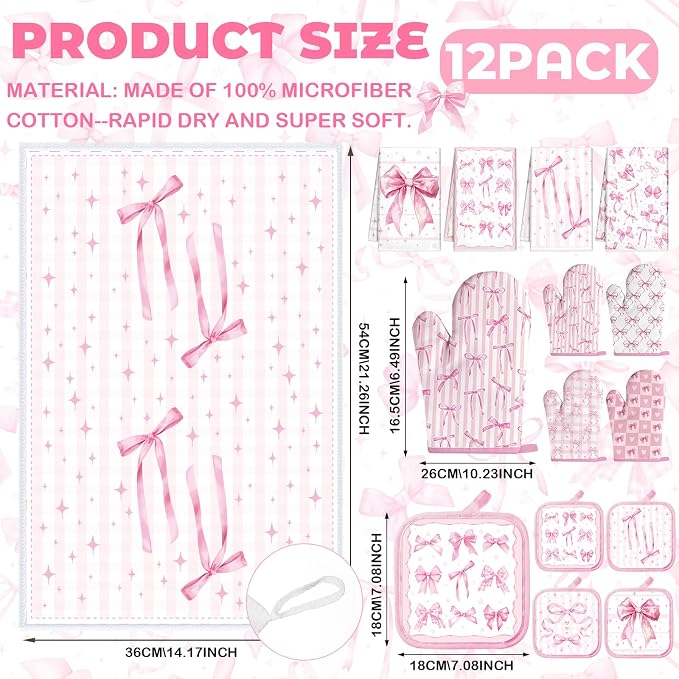 SiliFine 12 Pcs Pink Bow Kitchen Accessories Set Cute Bow Pot Holders Coquette Oven Mitts Pink Ribbon Kitchen Towels for Girly Home Decorations, Cooking Baking Housewarming Gifts