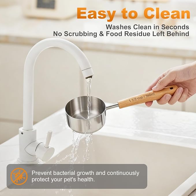 2PCS 2Cup(480ml) Dog Cat Food Scoop, Measuring Cup for Pets & Kitchen | 18/8(304) Stainless Steel, Long Wood Handle, Precise for Portion Control, Etched Scale, BPA Free, Dishwasher Safe
