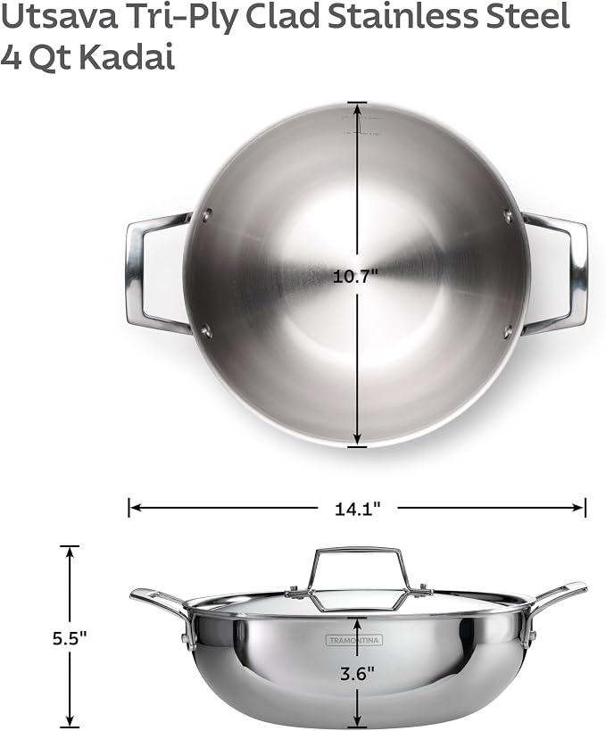 Tramontina Utsava 4-Quart Tri-Ply Clad Stainless Steel Kadai with Lid | Large Kadhai Pot for Indian Cooking