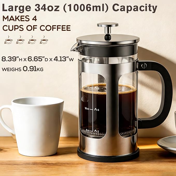 French Press Coffee Maker 34oz, Heat Resistant Thickened Glass Stainless Steel Brewer, Easy to Clean, 4-Level Filtration, Cold Brew Cafe/Tea Pot for Kitchen Camping Travel, Gifts, Bar