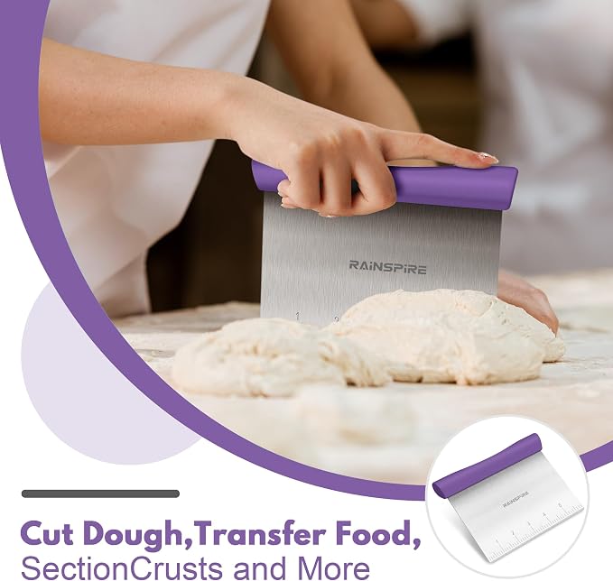 Upgraded 304 Stainless Steel Multi-Purpose Bench Scraper with Measurement Marks, Dishwasher Safe, Dough Cutter for Pizza, Bread and Cookie Dough Vegetable Chopper, Baking Supplies (Purple)