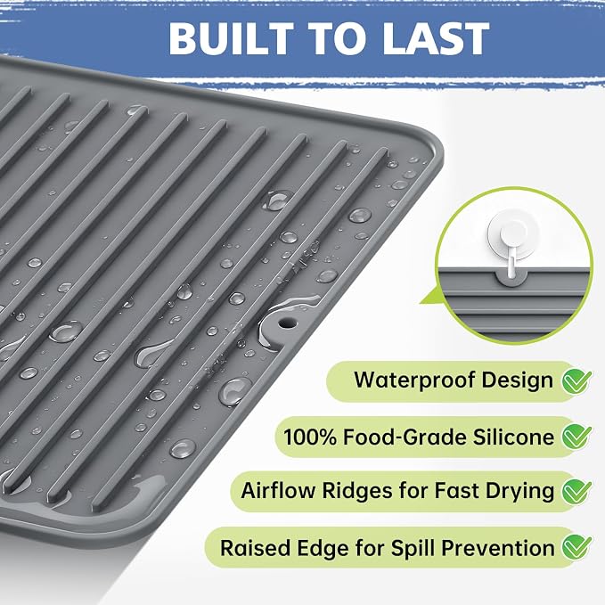 Songrey Silicone Dish Drying Mat for Kitchen Counter, 18" x 16", Black | Drying Pad for Sink Dishes or Under Rack, Multi-Use as Heat Resistant Trivet, Coffee Bar Mat