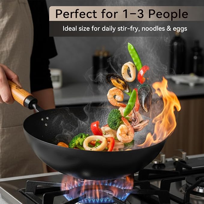 WANGYUANJI Carbon Steel Wok Pan 11 Inch - Round Bottom Traditional Pow Wok (Requires Gas Stove & Wok Ring) - No Coating Hand Hammered Stir Fry Pan with Lid & Detachable Handle