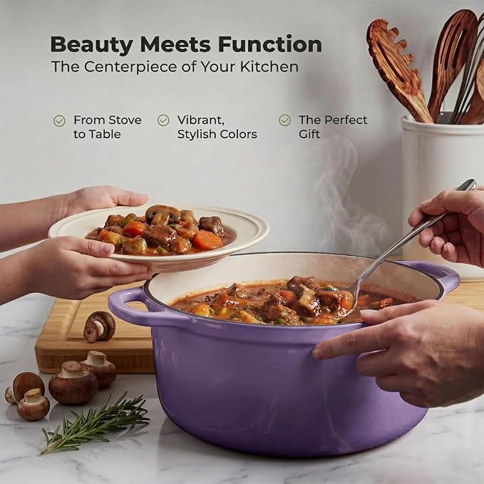 Zulay Kitchen 6.4QT Enameled Cast Iron Dutch Oven Pot with Lid, Heavy-Duty Soup Pot for Stews, Braising, Roasting & Sourdough Bread Baking, Oven Safe up to 500°F - Lavender Jade