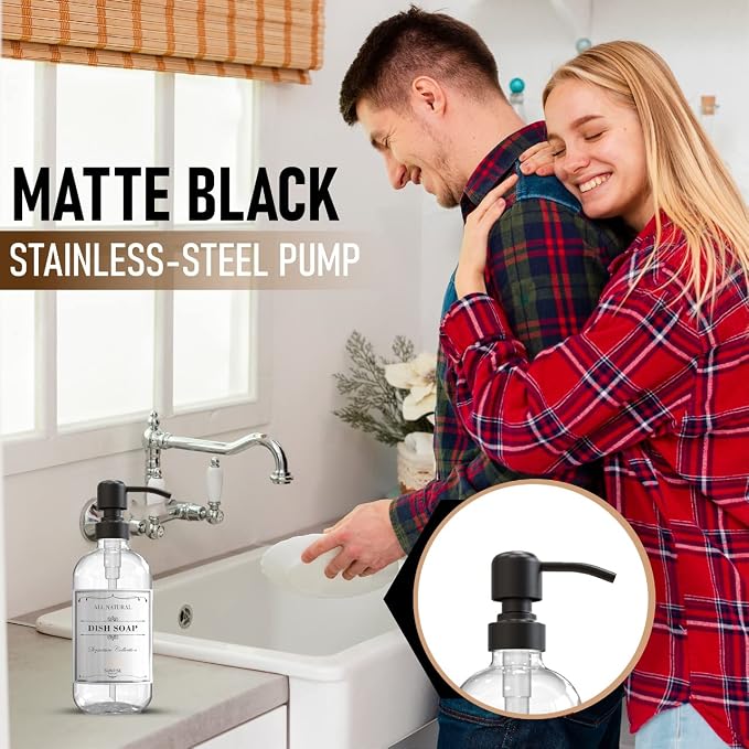 Clear Glass Soap Dispenser with Pump, 16 oz | Clear Glass, Matte Black Stainless Steel Pump, Bathroom and Kitchen Sink use, 6 Waterproof Labels, (Pack of 2)