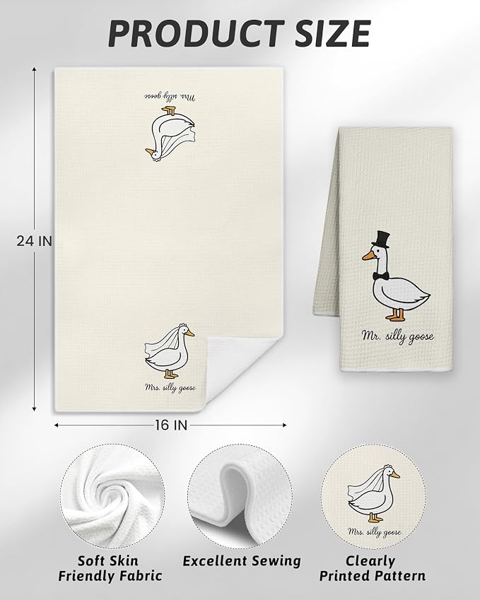 Funny Mr and Mrs Goose Beige Kitchen Towels 16x24 Inch, Wedding Gifts for Couples Newlyweds Dish Tea Towels for Kitchen Decor, Just Married Gifts Decorative Hand Towel for Bathroom, Set of 2